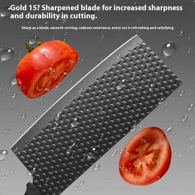 Six kitchen knives with diamond-pattern 2CR13 steel blades and wood grain handles laid out on a surface