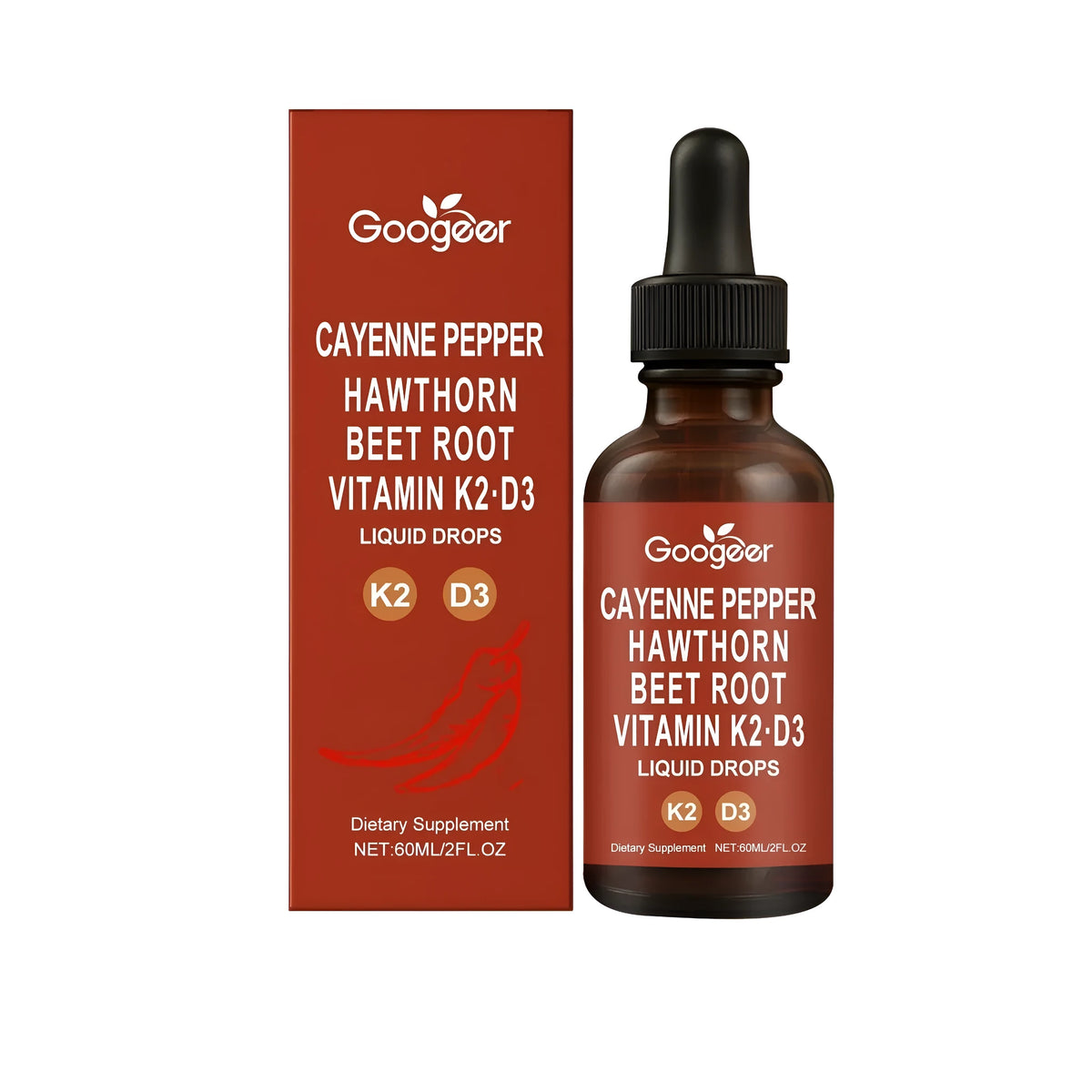 60ml bottle of liquid dietary supplement with vitamin D3, K2, and herbal extracts on white background