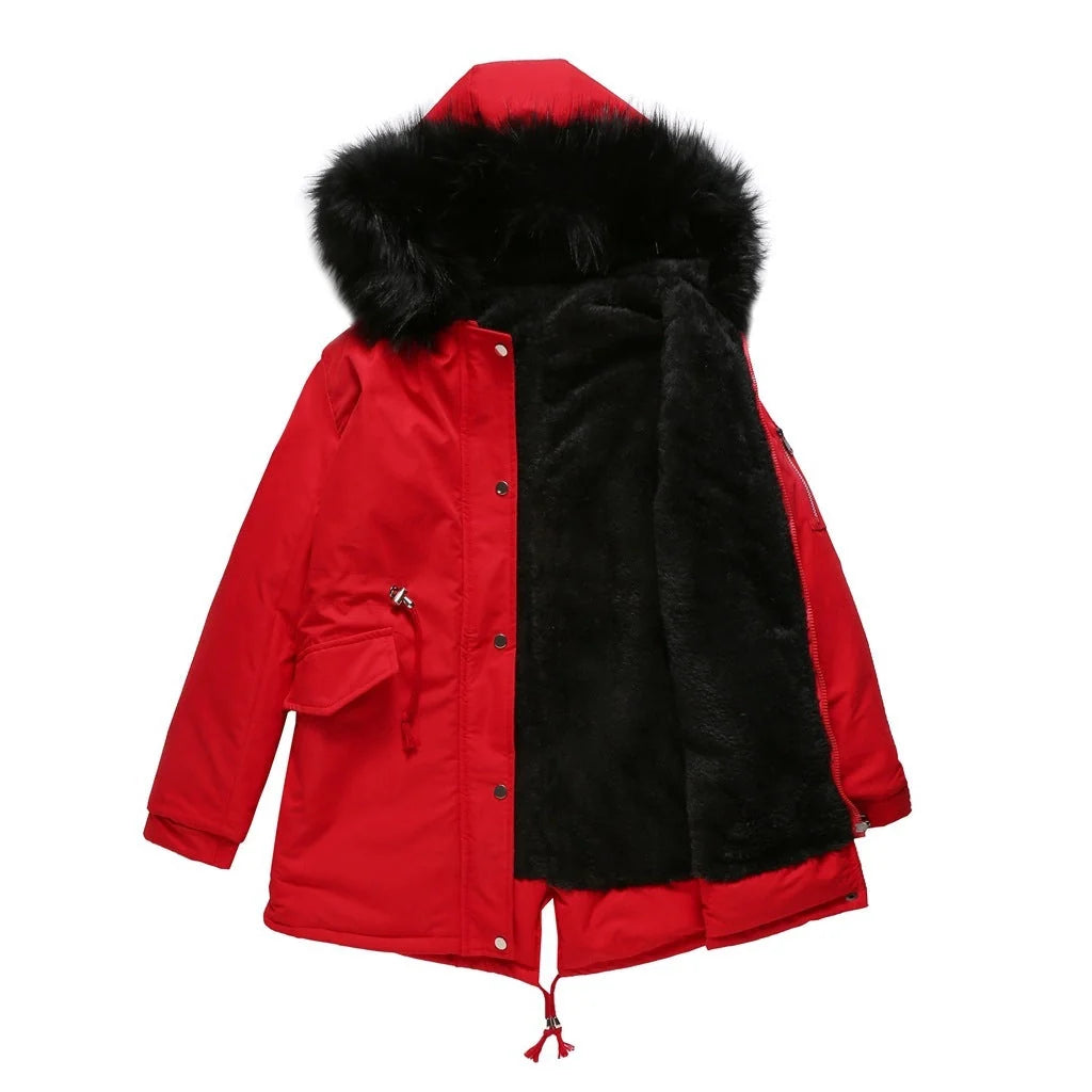 Mid-length hooded parka in various colours, featuring cotton padding for warmth