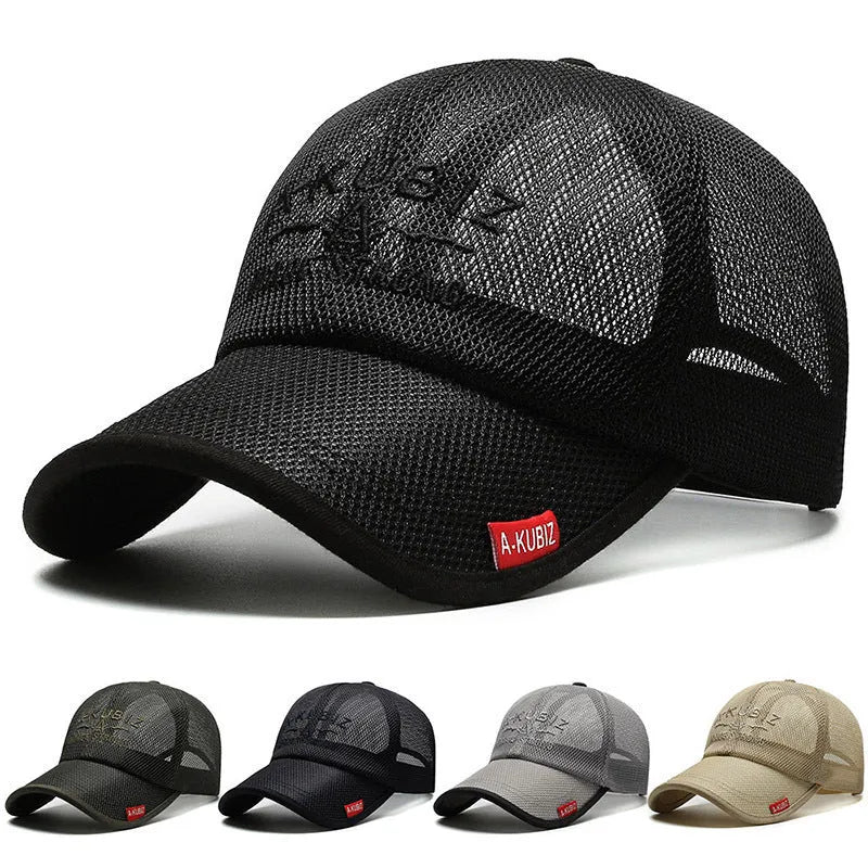 Men's adjustable cotton mesh baseball cap in khaki colour with dome crown styling