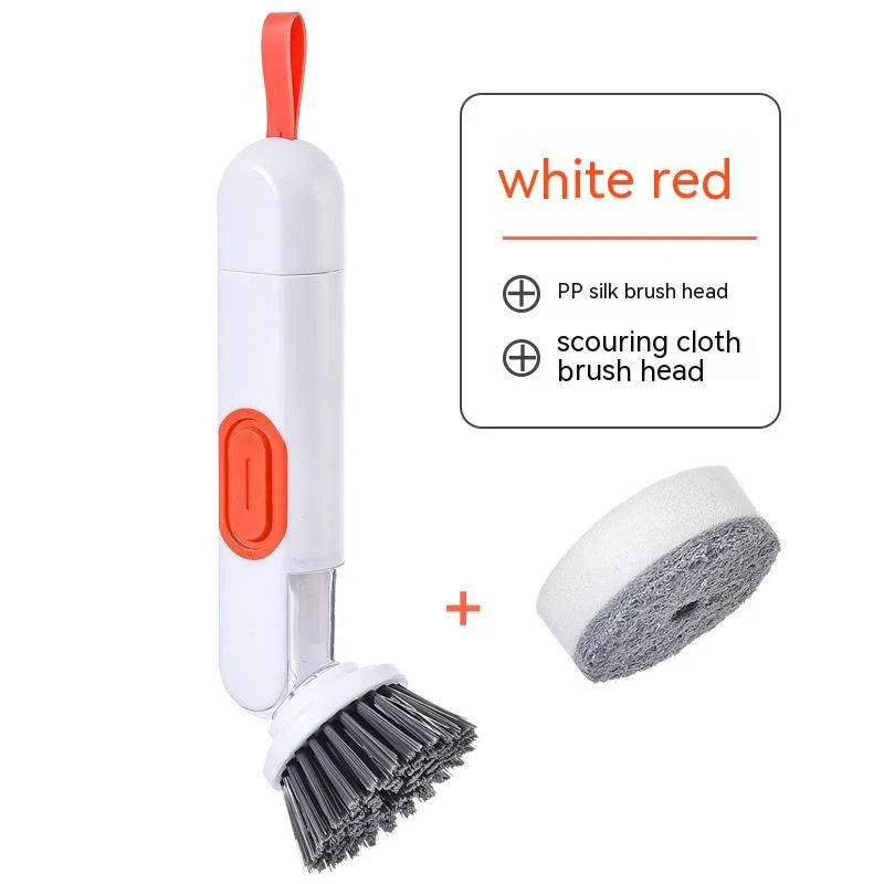 Self-cleaning kitchen scrub brush with soap dispenser and replaceable brush heads