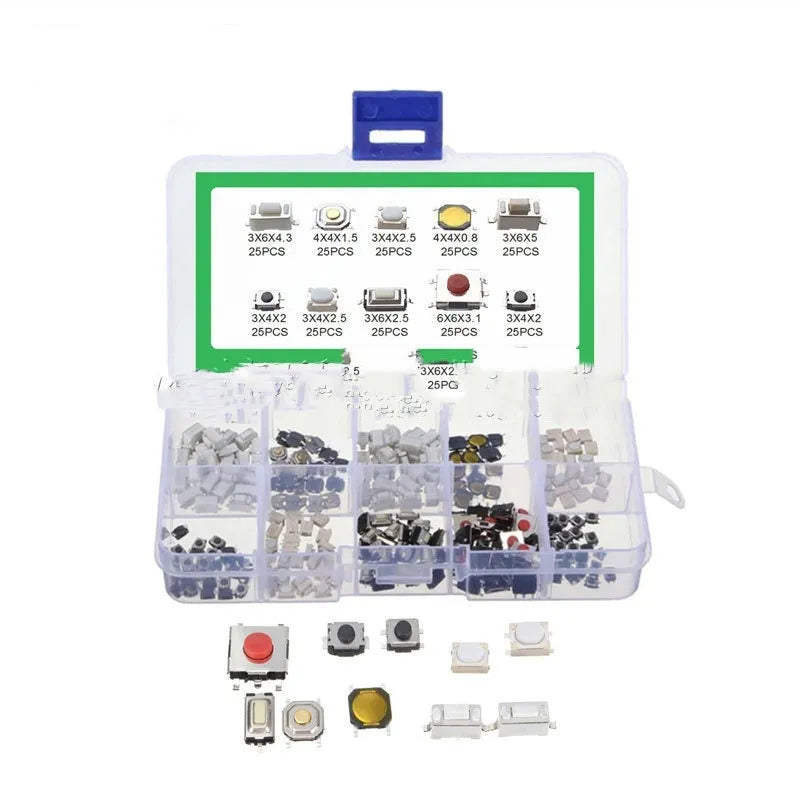 Box containing 250 industrial SMT touch switch buttons for circuit board assembly