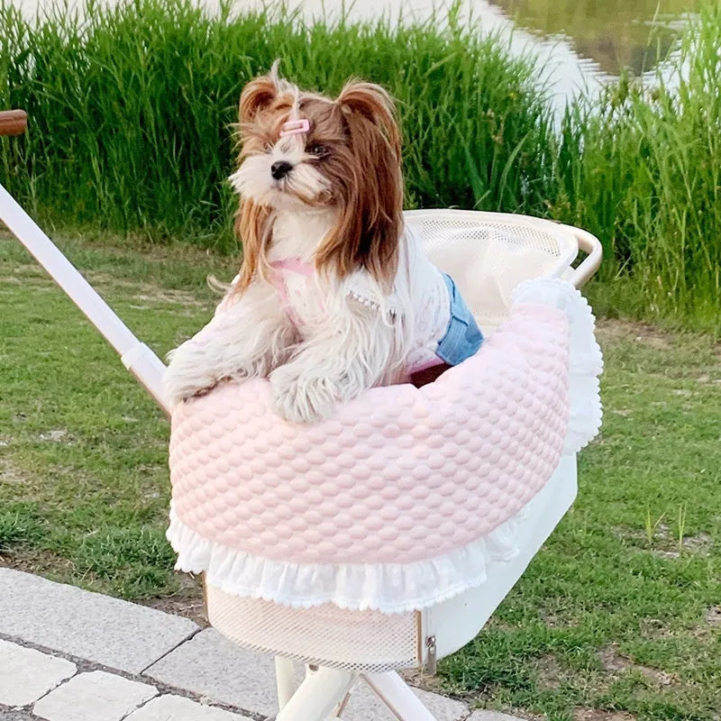 Cotton pet stroller pad set showing anti-dirty towel, cushion and pillow components