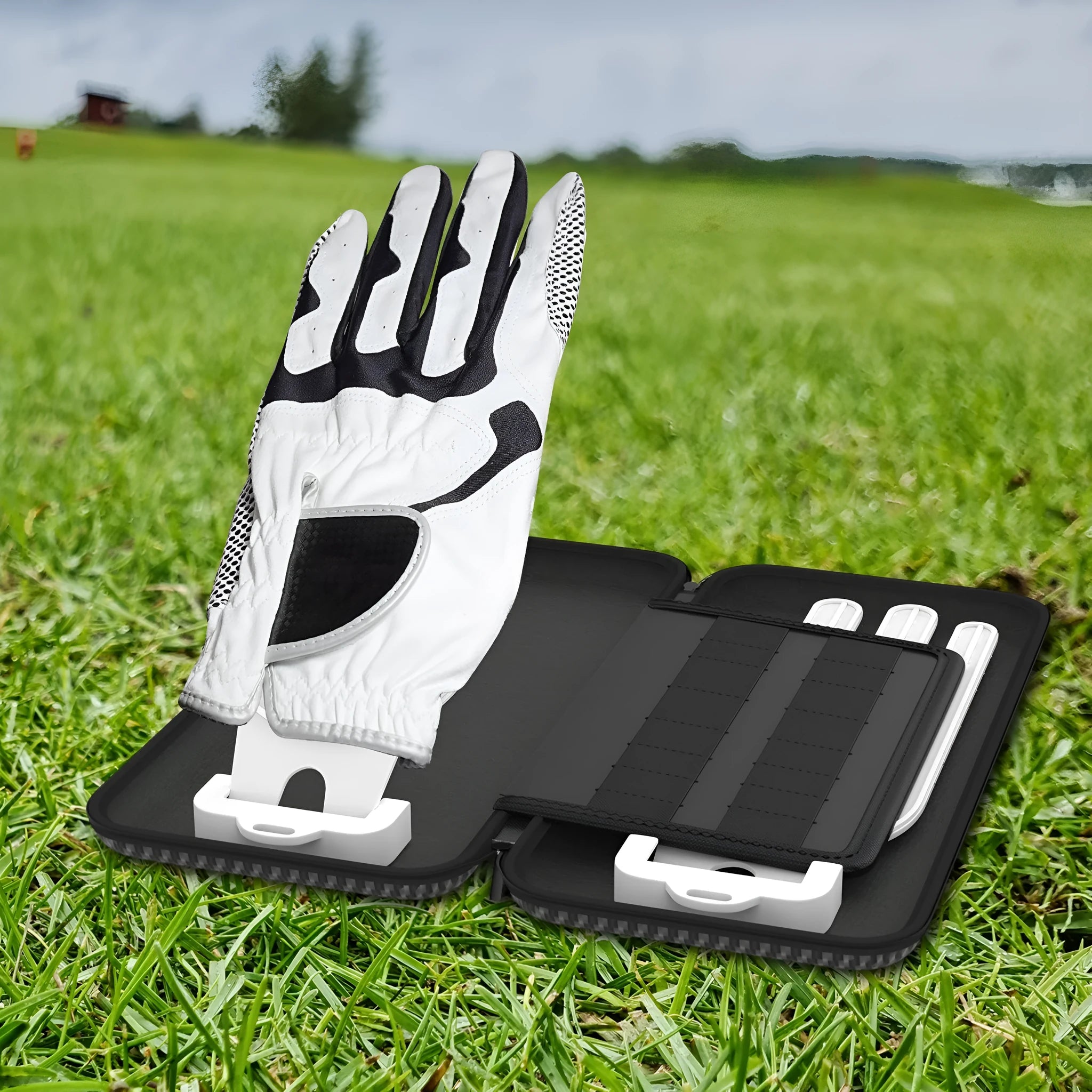 Silver grey golf double glove storage bag with two compartments and hanging brackets