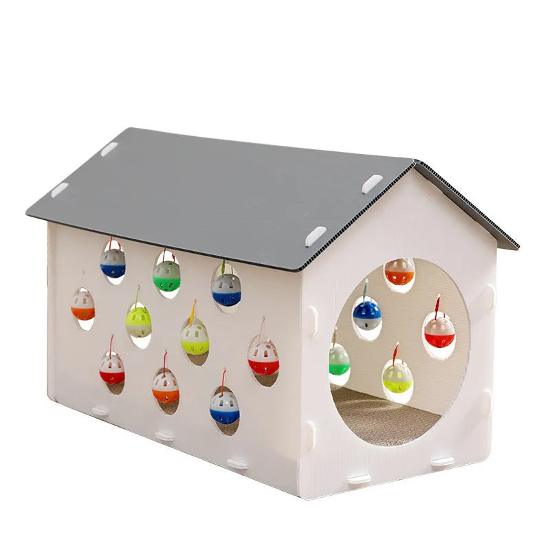 Plastic cat scratch board integrated with a nest, a bell ball, and a tunnel for pet play and rest.