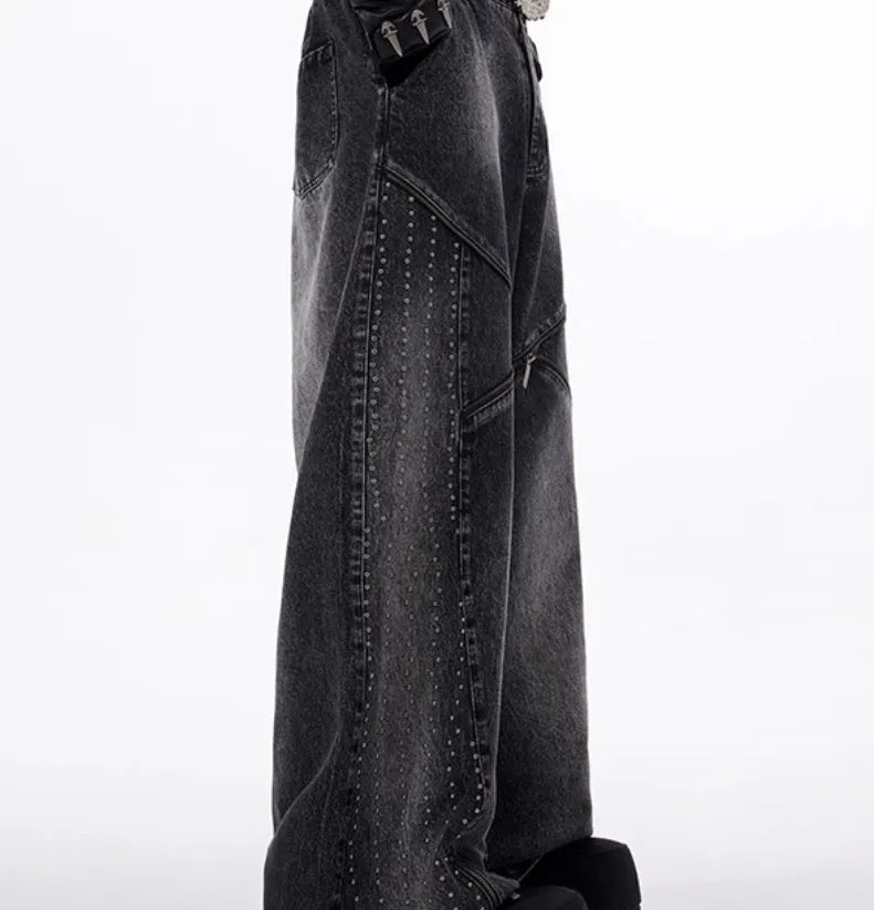 Black and grey washed wide leg pants with matching waistcoat, Korean style cotton denim set