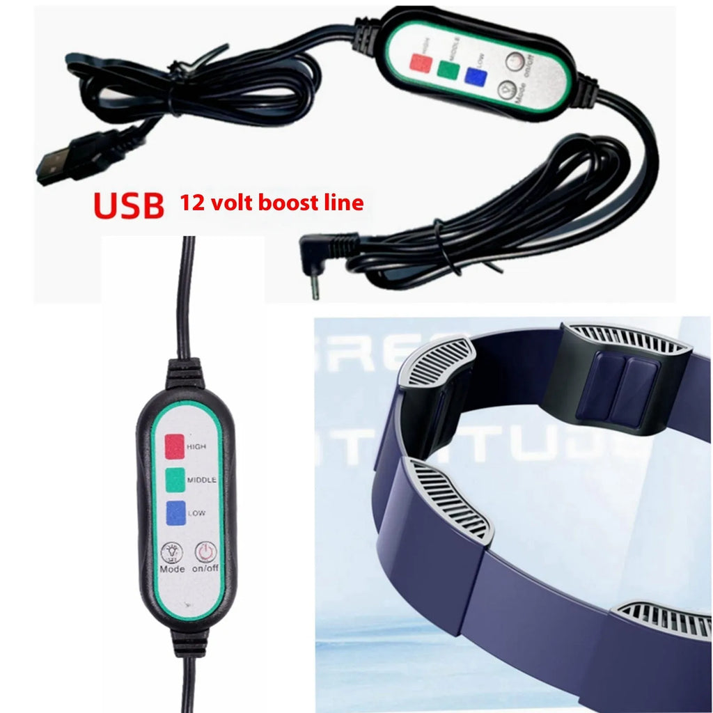 Outdoor portable ring fan waist set with 5 fans, black plastic, USB powered, 1.5m cable