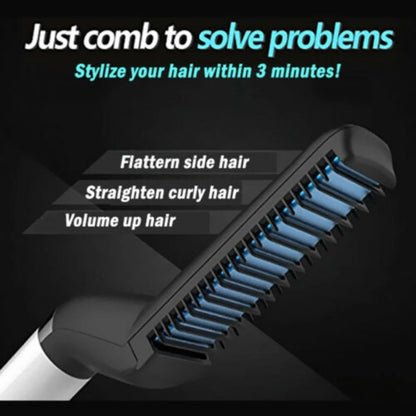 Electric hair straightener brush for men with quick heating feature and protective comb cover