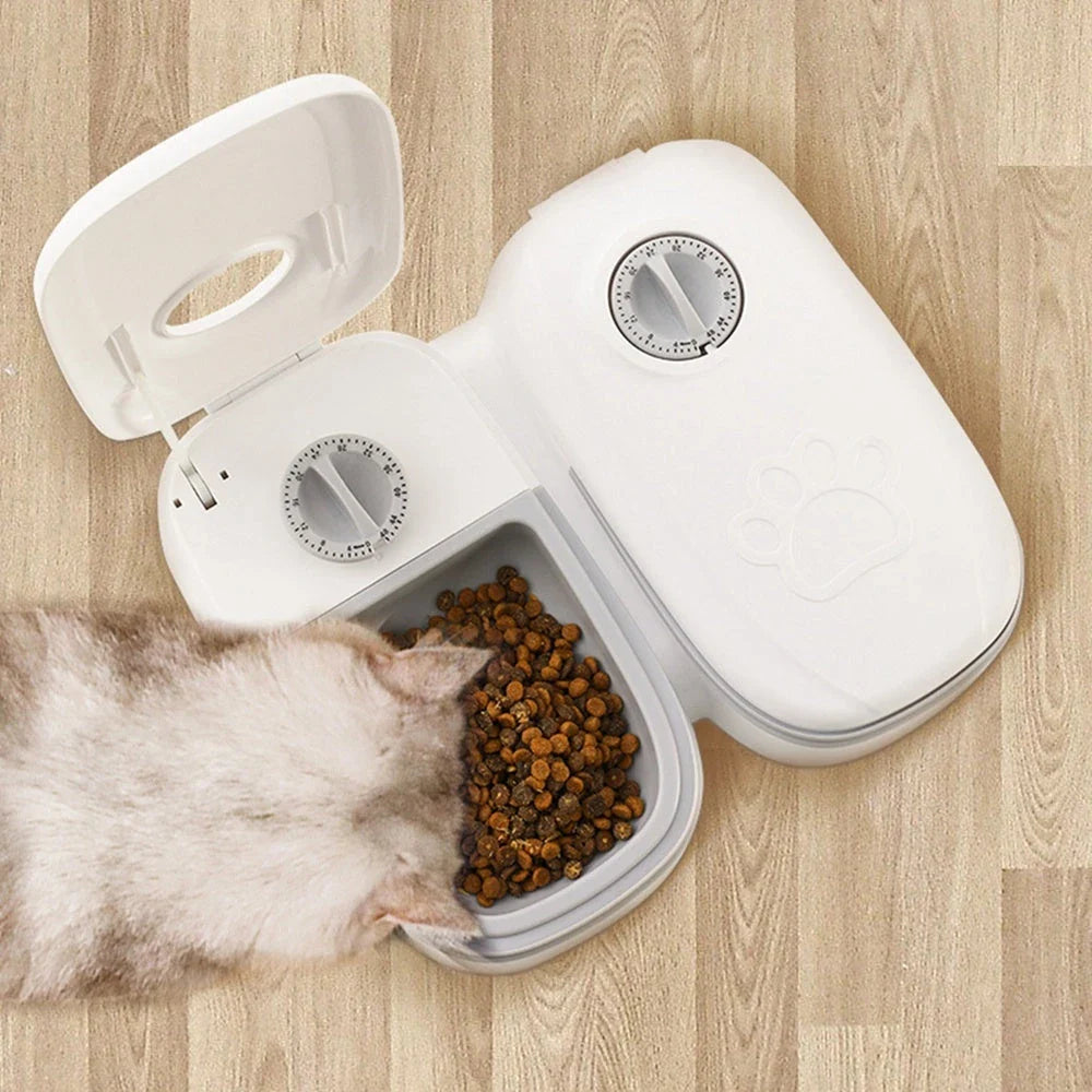 Automatic pet feeder with gravity-powered food and water dispensers for cats and dogs