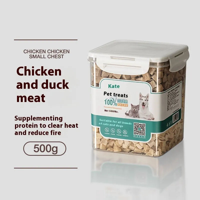 500g bag or barrel of freeze-dried chicken nugget cat treats on a plain background