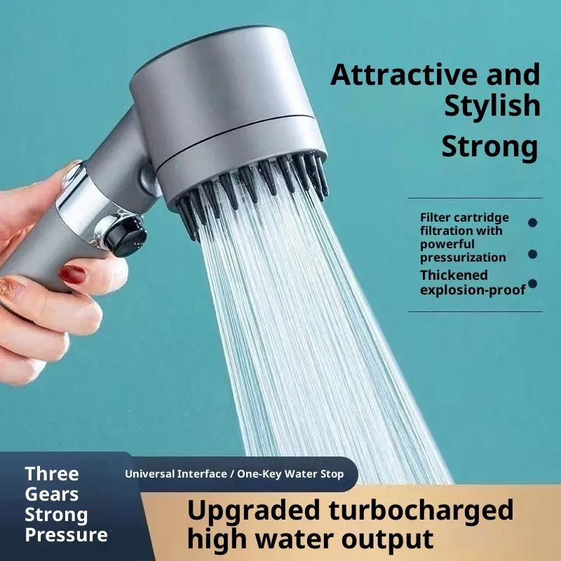 Supercharged ABS handheld shower set in light luxury grey with 5 functions, LED light, and universal interface.