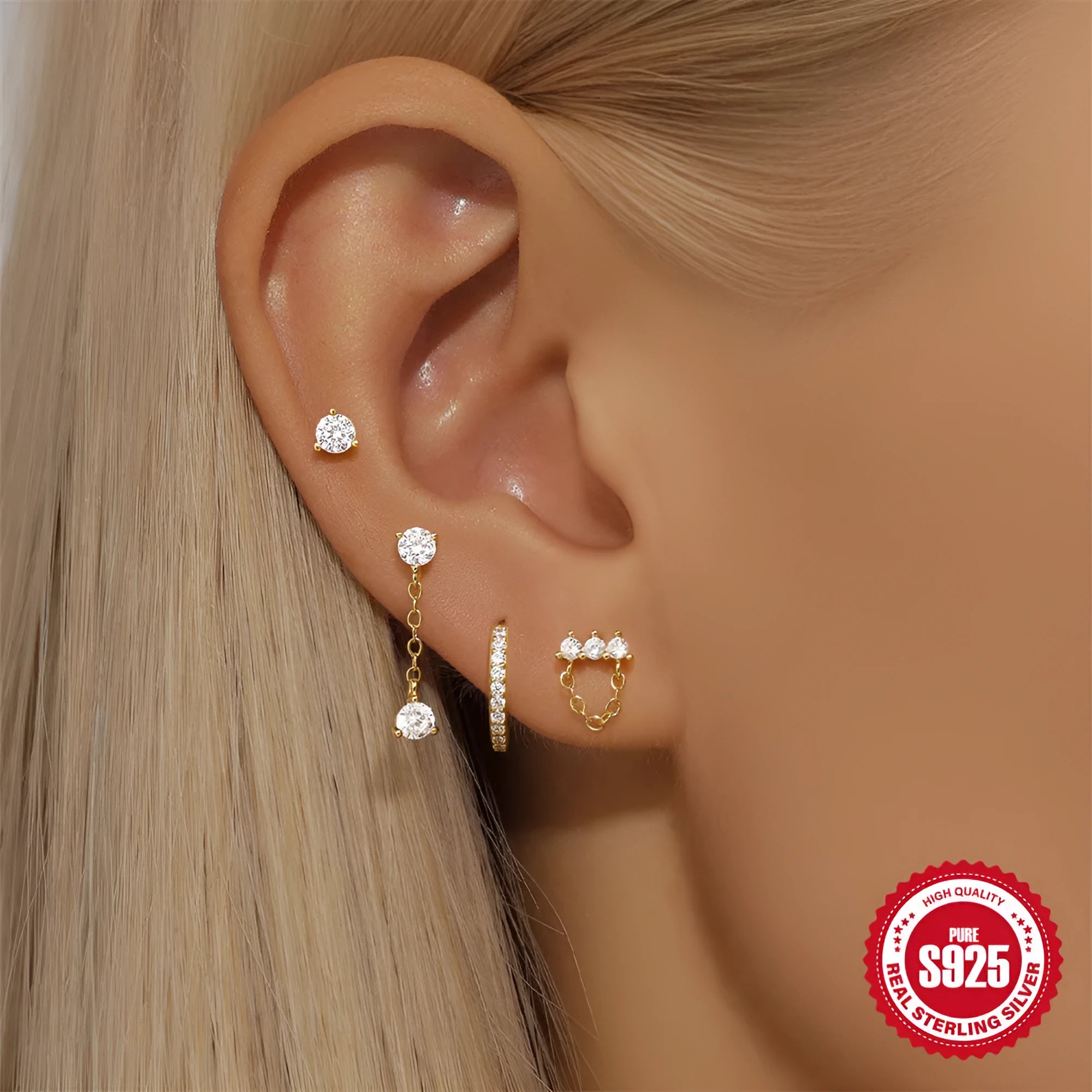 S925 sterling silver geometric clover petal earrings with electroplated gold finish for women