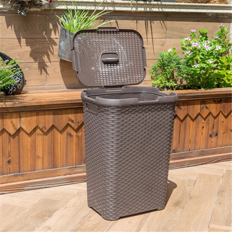 Plastic rattan woven laundry basket in beige color 44x34x62cm polypropylene
