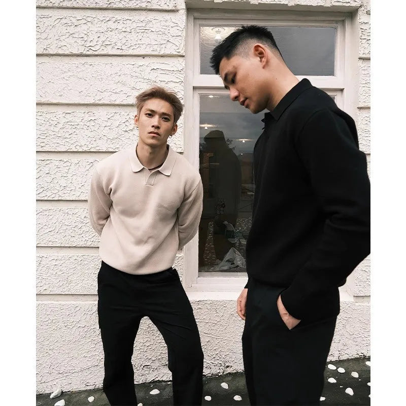 Men's loose knitted pullover in apricot colour, Japanese fresh style, long sleeves, relaxed fit