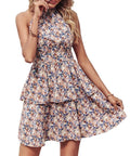Women's apricot red halter neck backless boho print summer dress with ruffle hem