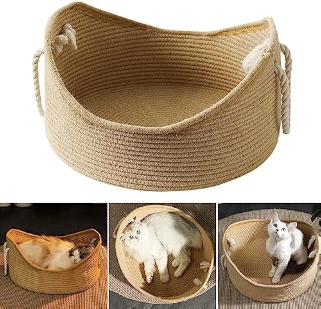 Wicker cat bed basket with integrated scratching board in two size options