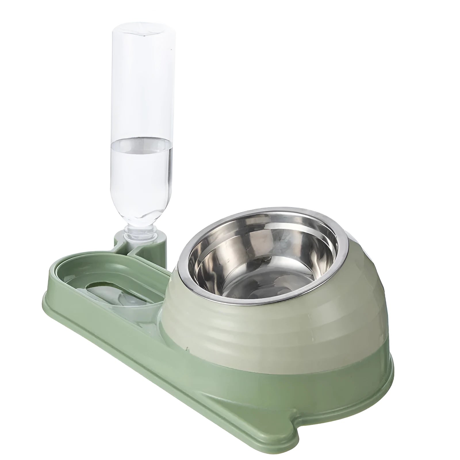 Elevated cat food bowl with attached water dispenser bottle in green colour