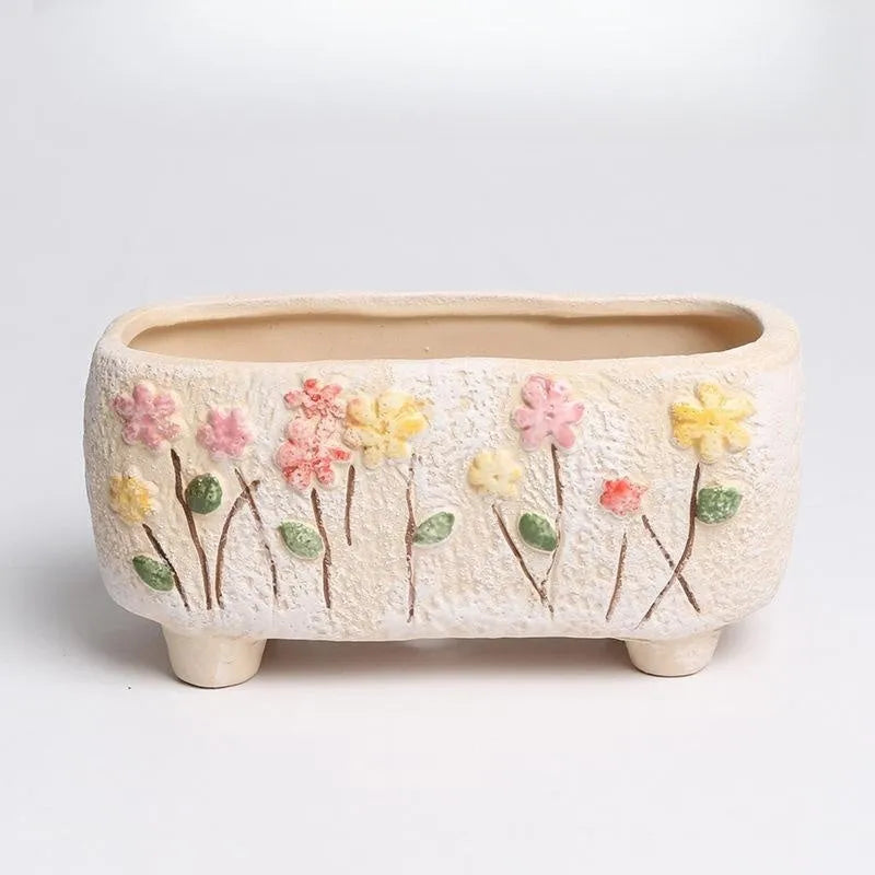 Hand-painted rectangular ceramic flower pot for succulents measuring 13.7x6.2x6.5cm
