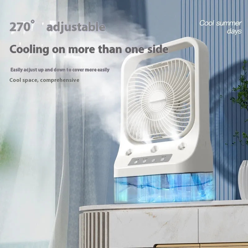 White USB rechargeable portable air cooler with adjustable head and water tank on a tabletop.