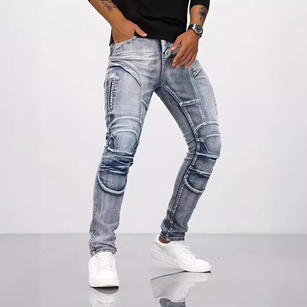 Retro casual stretch motorcycle jeans for men in light blue cotton denim, mid waist skinny fit with zip placket