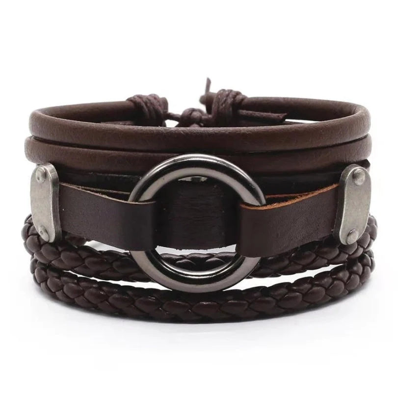 Men's genuine leather vintage braided bracelet with adjustable sliding knot