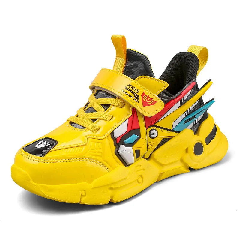 Children's Velcro running shoes in yellow, black red, and lake blue colours with cartoon pattern