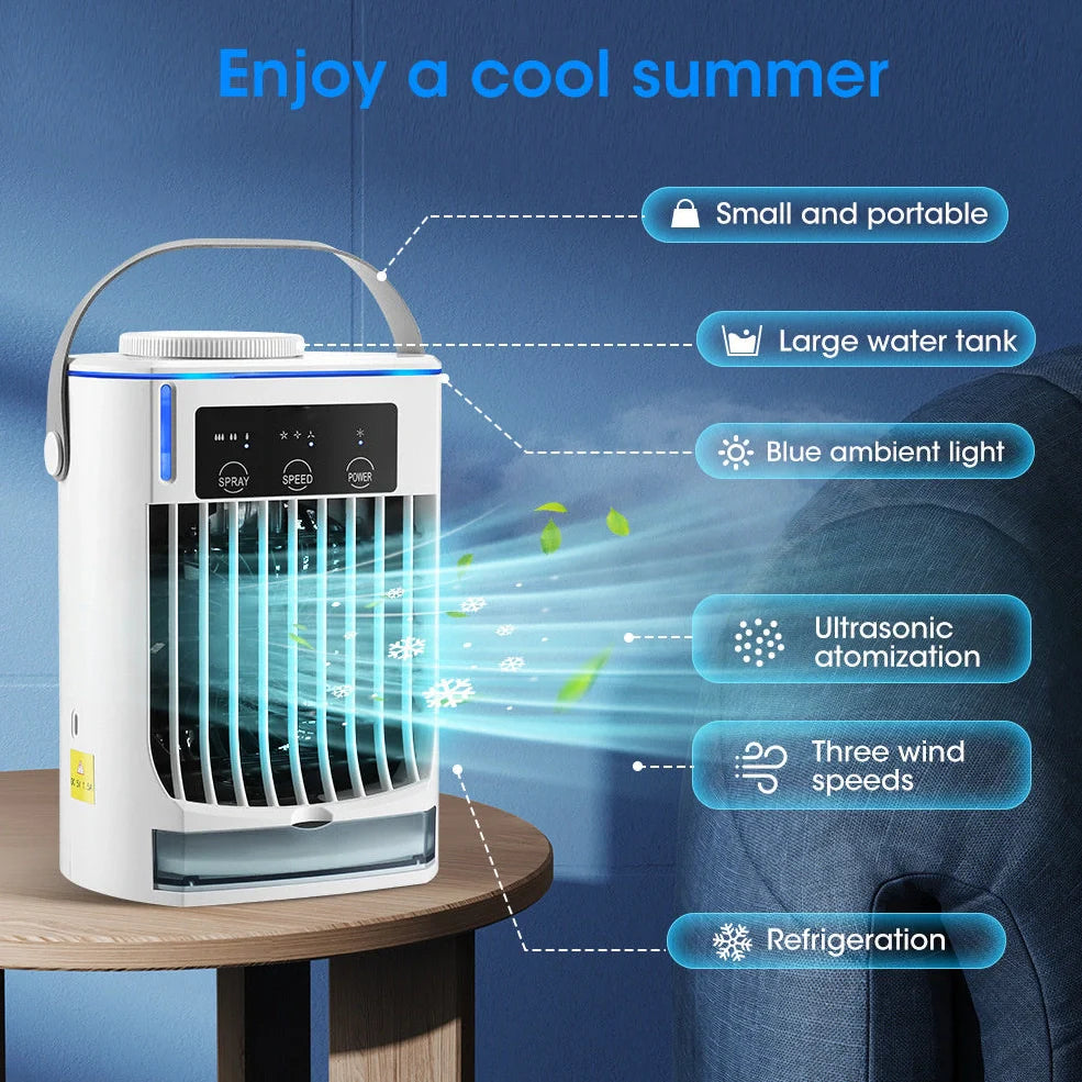 Compact white USB mini air cooler with humidification spray function and control button