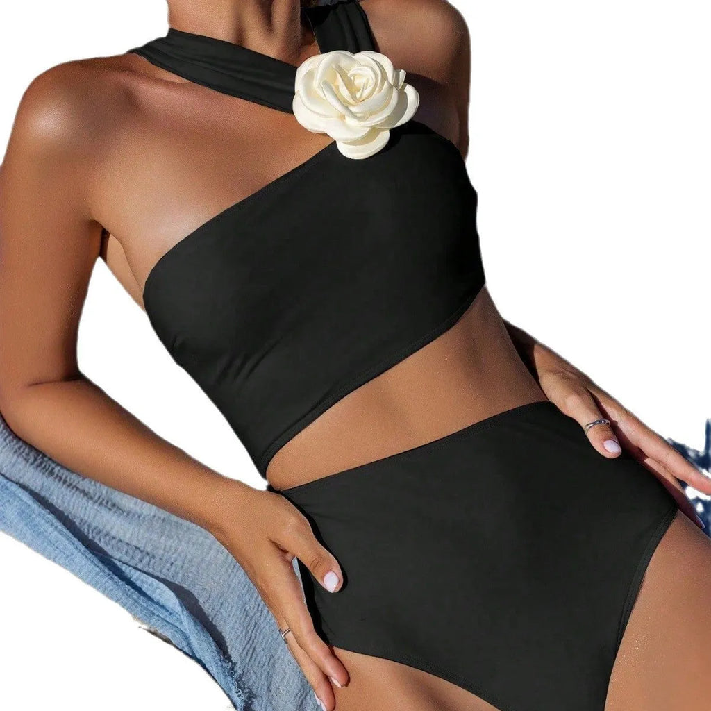 One-piece swimsuit with 3D white flower shoulder detail in solid colour high elasticity nylon fabric