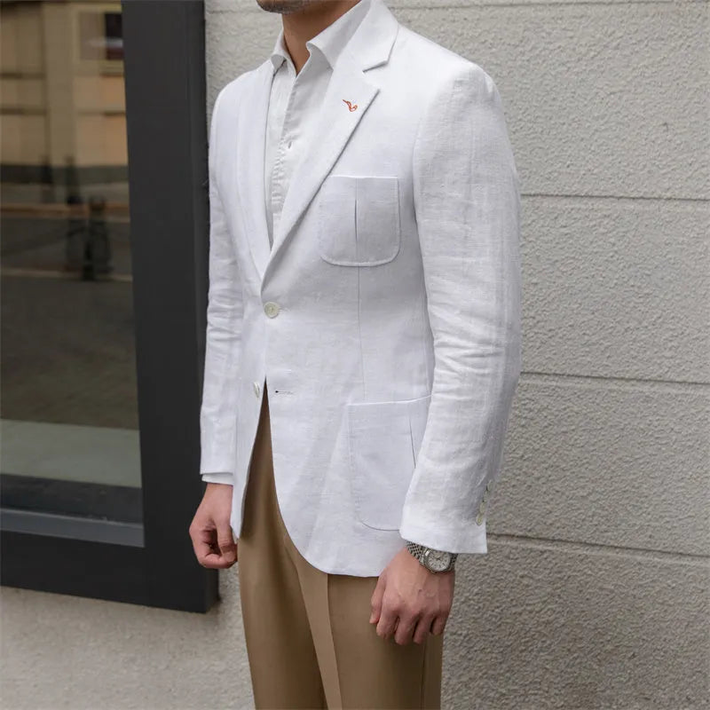 Thin breathable 100% linen casual suit jacket with double-breasted front in White Sky Blue Caramel