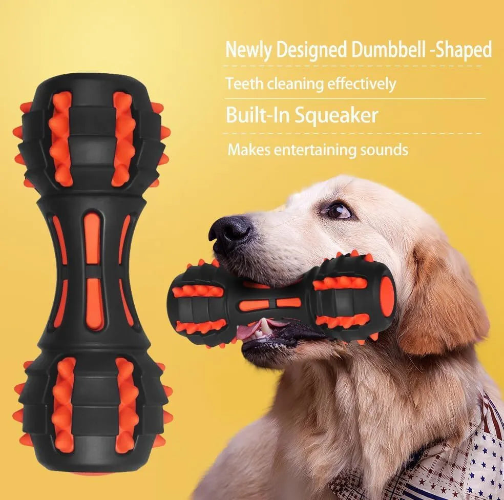 Red dumbbell-shaped durable rubber dog toy with squeaker for aggressive chewers.