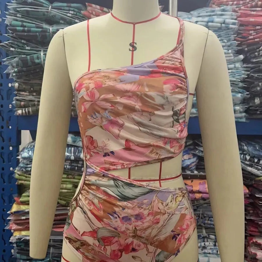 Rose gold patterned women's swimsuit for summer swimming in polyester fabric
