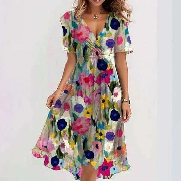 Chiffon printed short sleeve dress with V-neck for summer in various colours