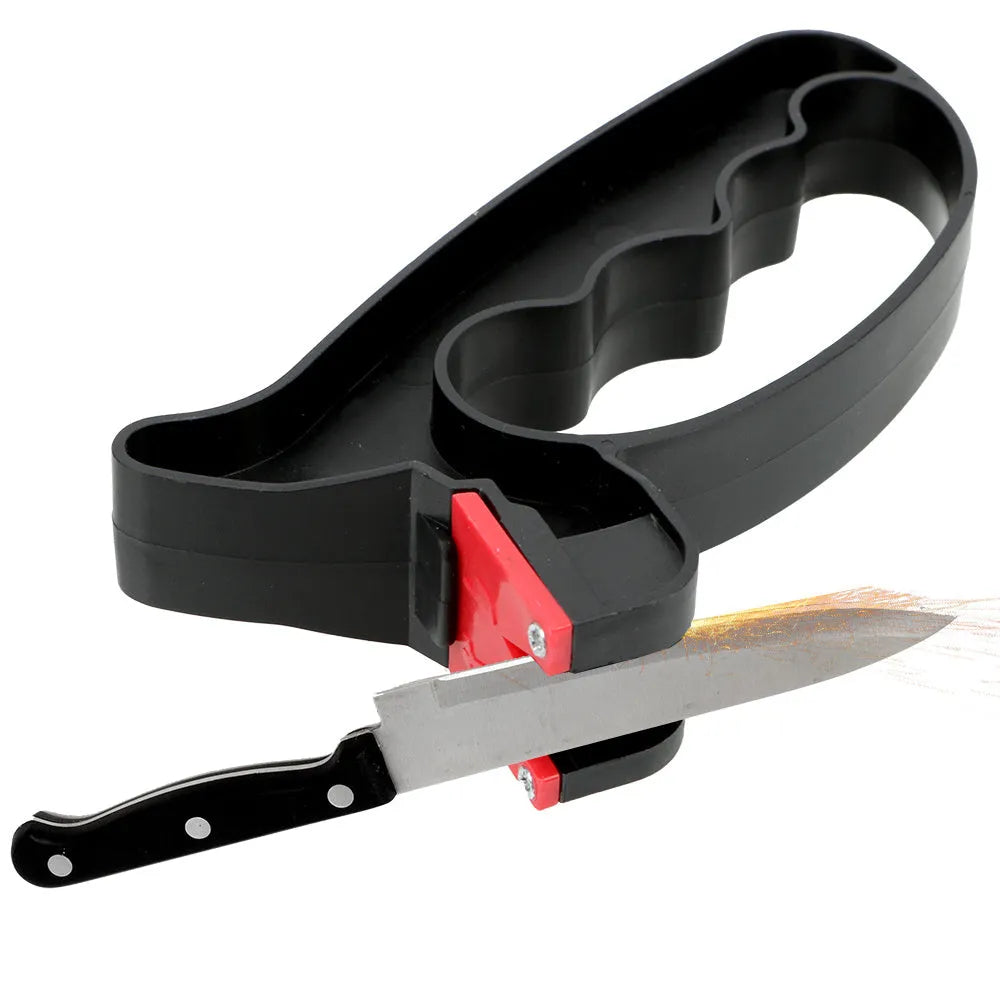 Black handheld knife and scissor sharpener with tungsten steel blade measuring 140mm