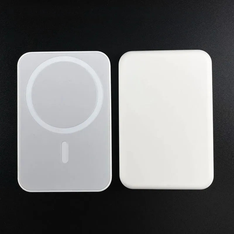 White magnetic wireless charger power bank with foot-shaped design showing dimensions