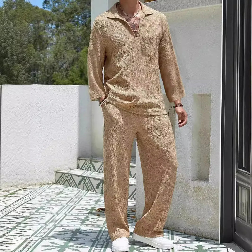 Men's casual shirt and trousers commuter suit set in lake blue colour.