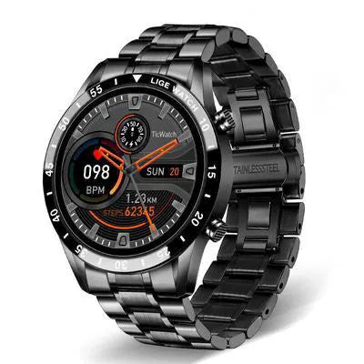 Smart watch with stainless steel wristband and 1.3-inch touchscreen display showing step count