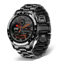 Smart watch with stainless steel wristband and 1.3-inch touchscreen display showing step count