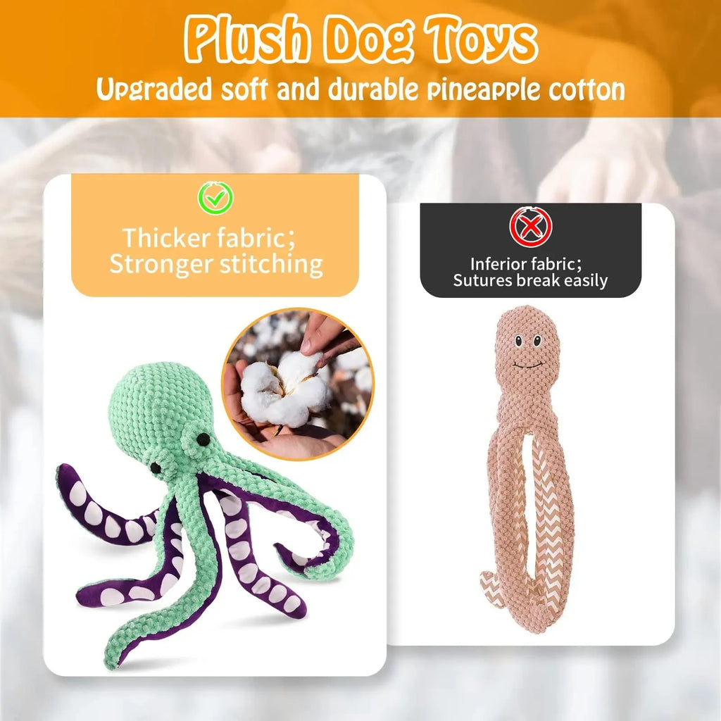 Blue plush octopus dog toy with long legs and cartoon eyes for chewing and interactive play.