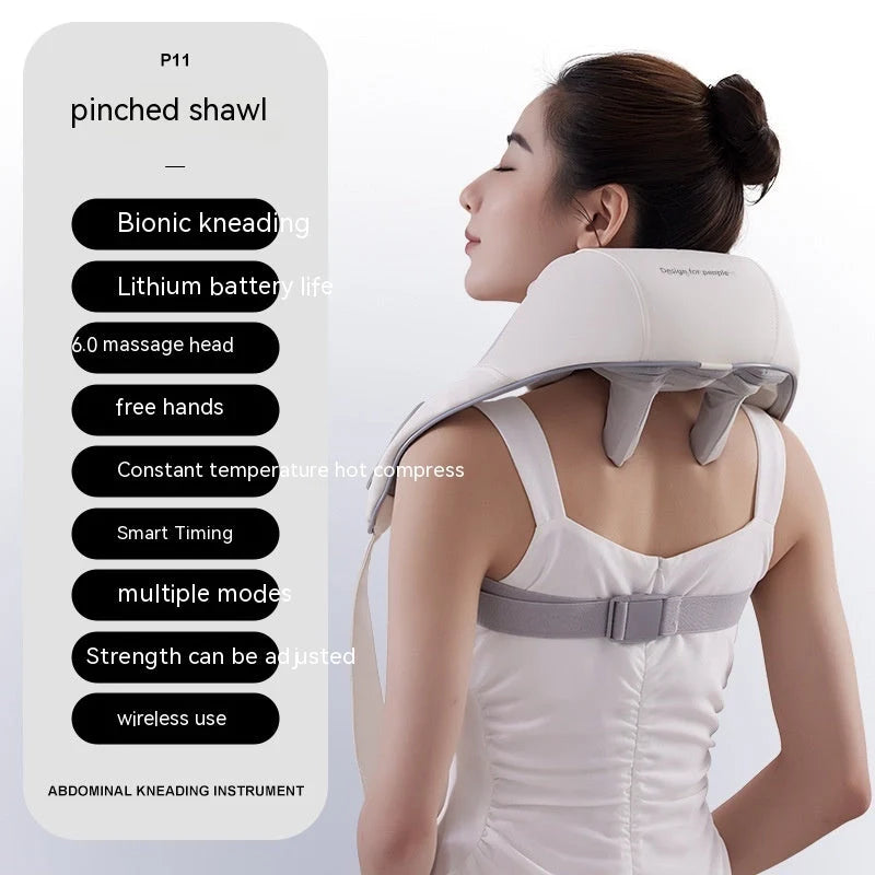 Rechargeable shoulder and neck massager with hot compress function in beige, light orange, and white beating style