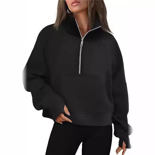Women's loose lapel fleece-lined sweater in a solid colour with long raglan sleeves.
