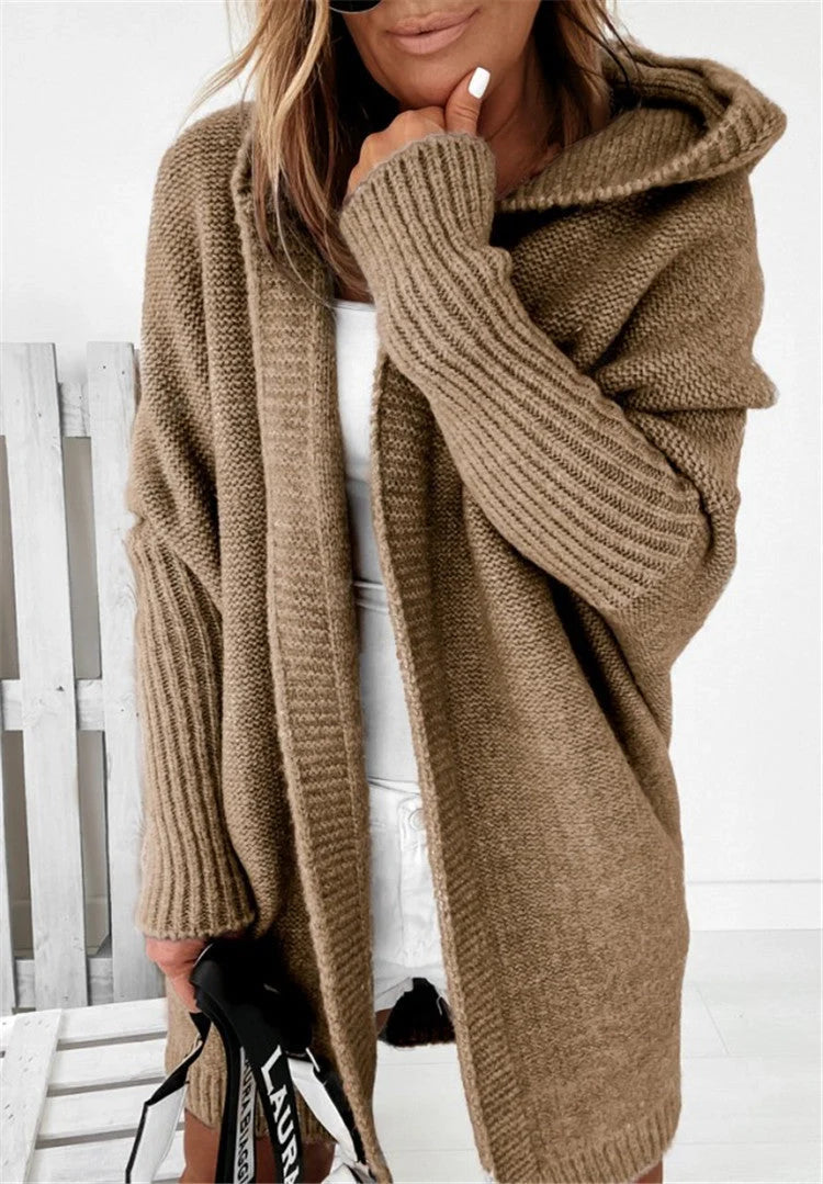 Oversized bat sleeve hooded cardigan in sheep wool blend, available in multiple colours
