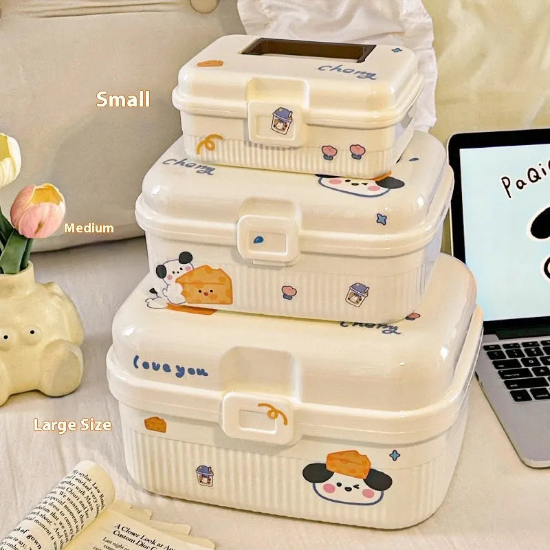 White double-layer plastic storage box with a removable central divider, shown with labelling stickers.