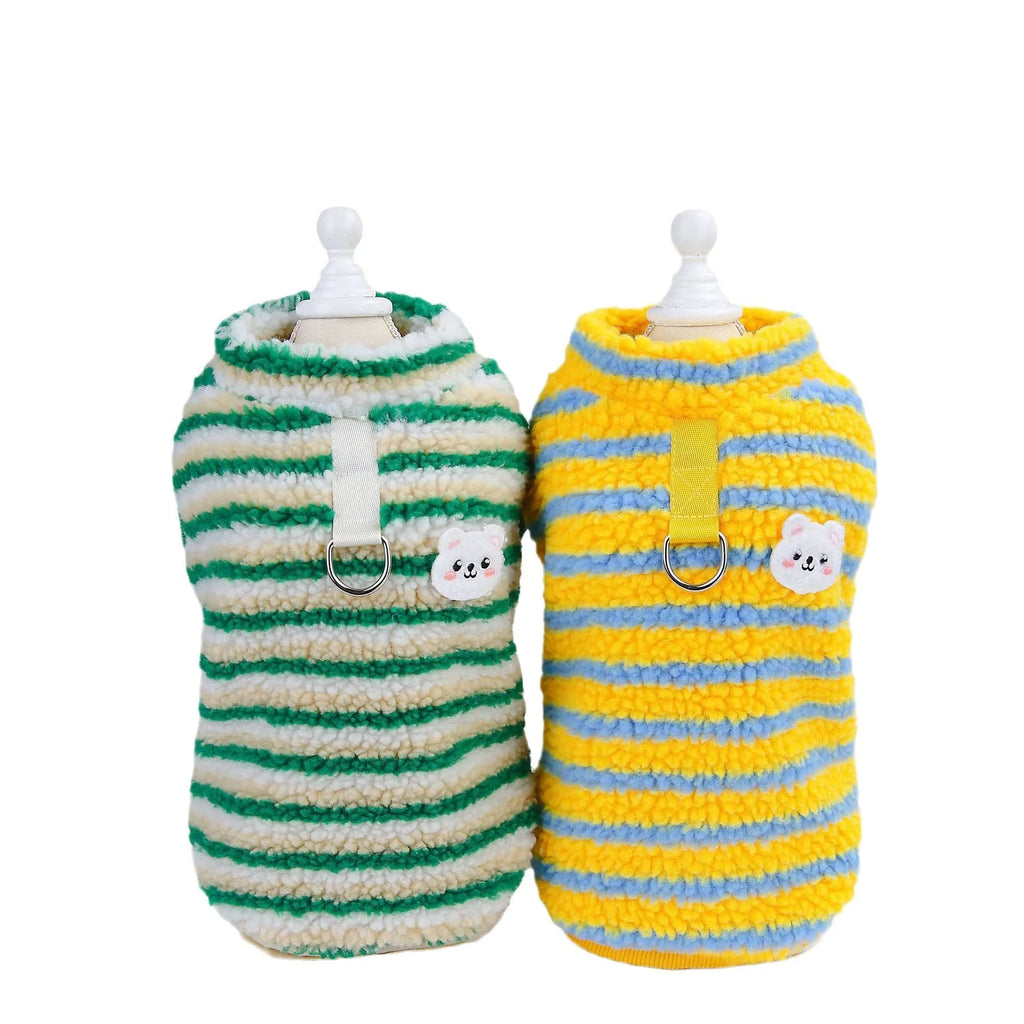 Thickened striped bear pet top in polar fluff, green colour, showing front view on a small dog