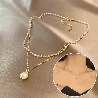 Double-layer pearls necklace with adjustable chains for summer wear