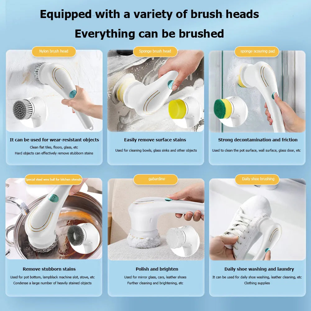 White cordless electric cleaning brush with five brush heads including nylon, sponge, wire, scouring pad and plush cloth attachments