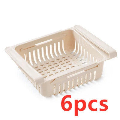 Stretchable refrigerator storage basket in white, blue, pink, and apricot colours