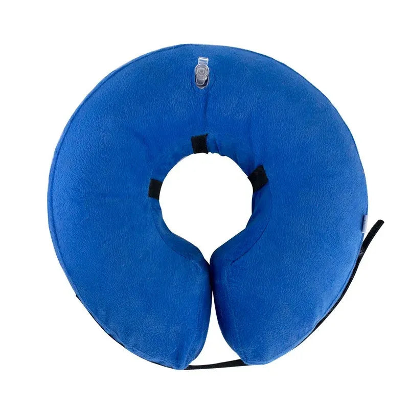 Blue inflatable dog recovery collar with velcro closure shown beside size measurement chart