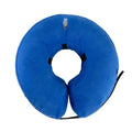 Blue inflatable dog recovery collar with velcro closure shown beside size measurement chart