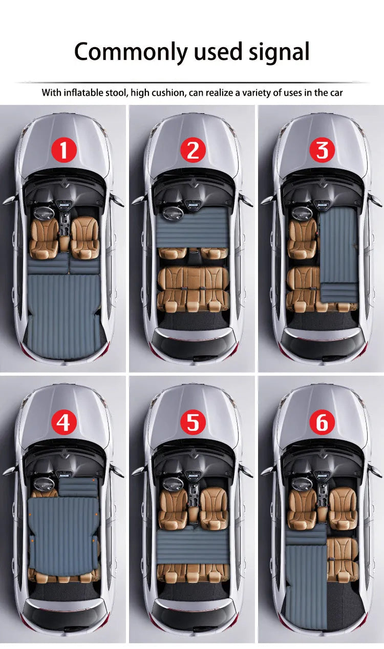 Inflatable bed for hatchback car with flocking fabric surface and automatic pump accessory