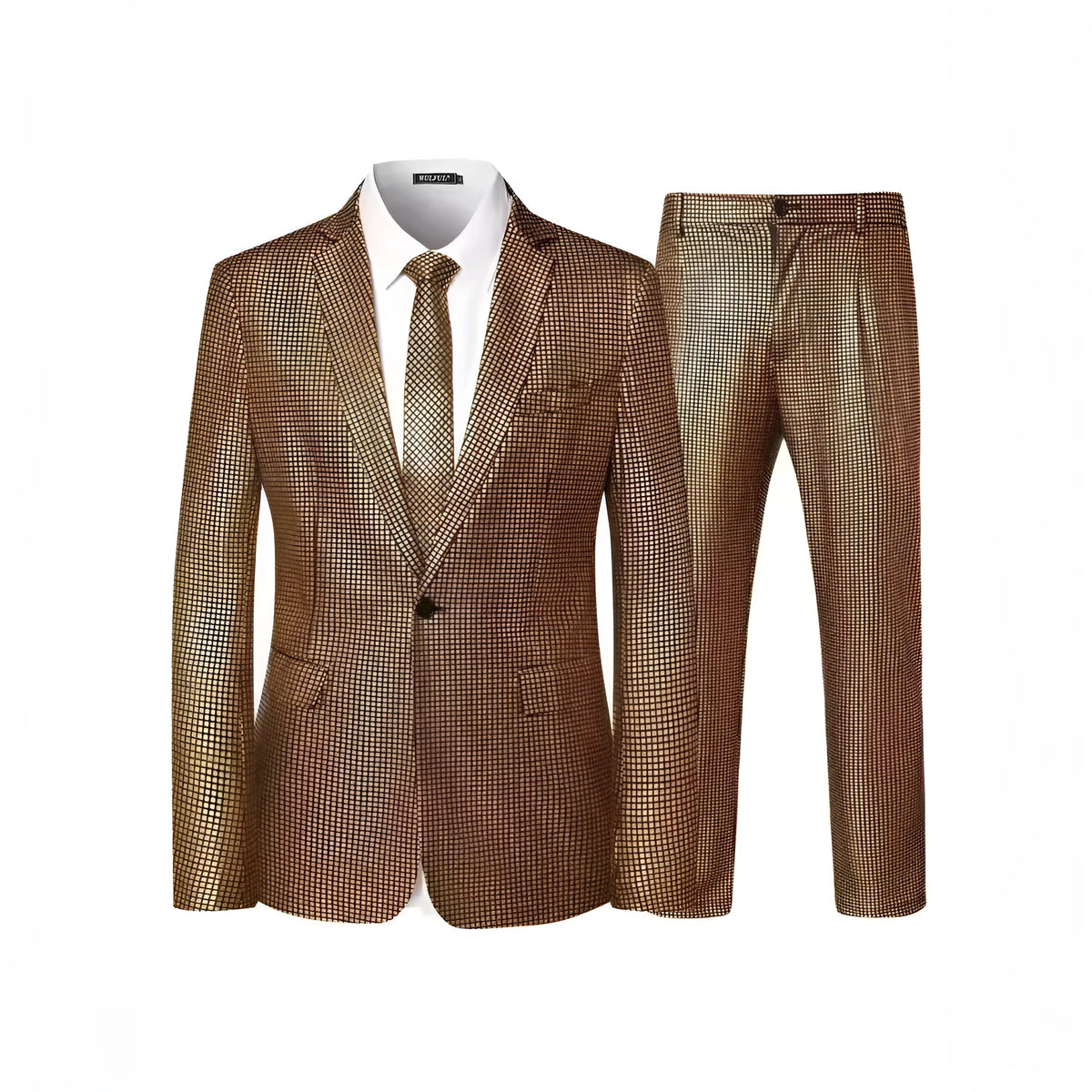 Woman wearing a brown sequin two-piece set with coat and trousers for wedding hosting or party performance.